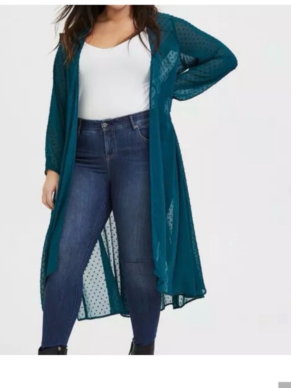 Teal Sheer Dotted Long Cardigan